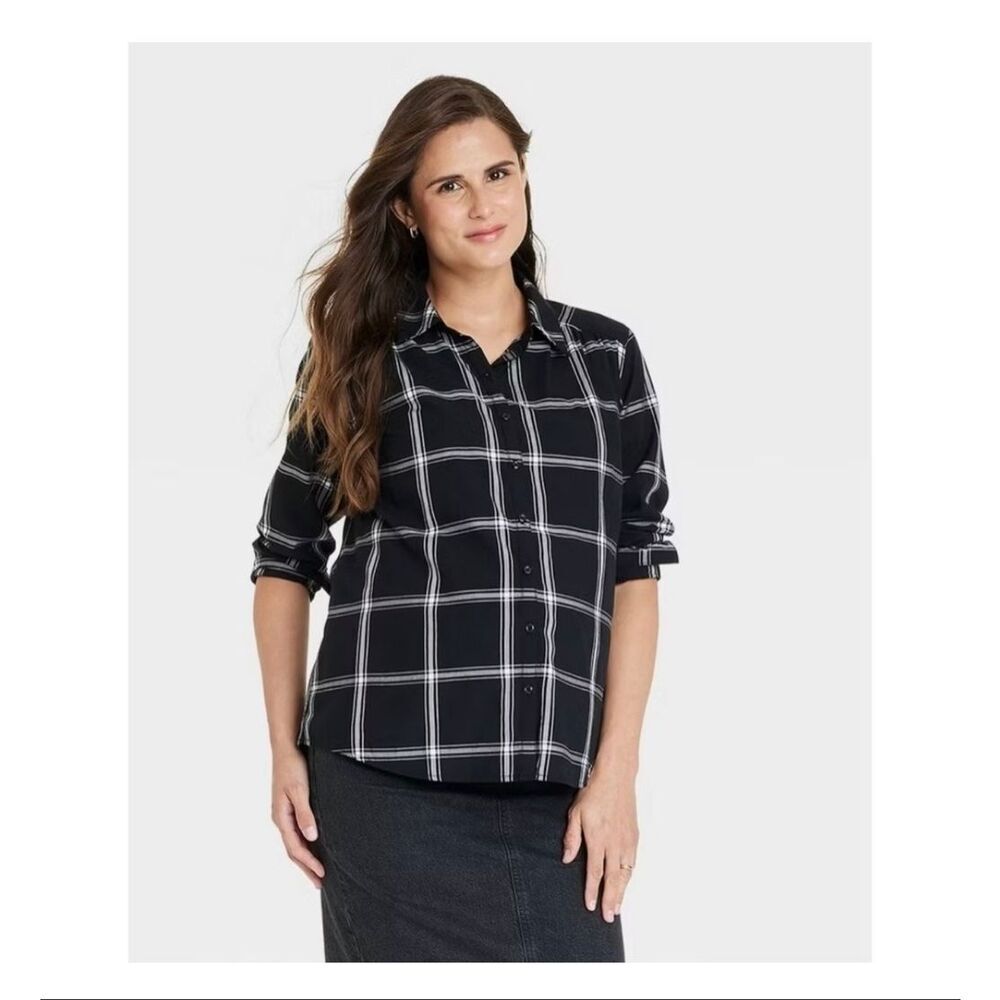 🌸 Isabel Maternity Black Plaid Button Down Top Size XL New